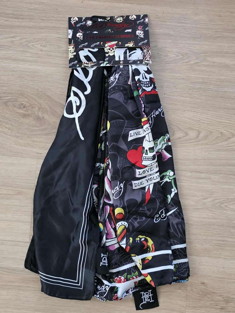 Ed Hardy black graphic Scarves 2pk with bold tattoo-inspired print